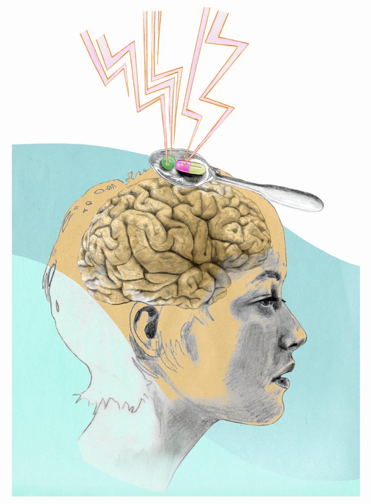 birgit lang illustration für focus, thema “epilepsie”. Kopf, Gehirn