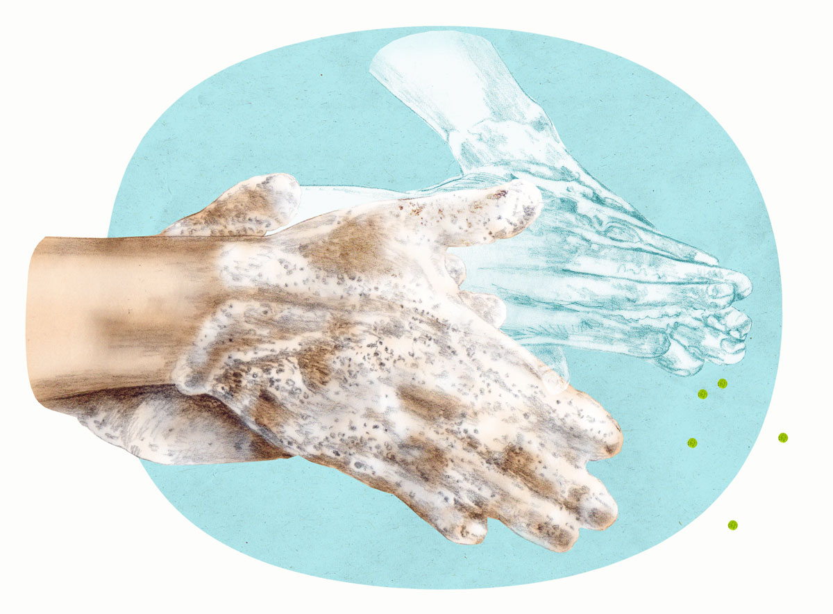 illustration birgit lang – focus, kolumne von yael adler, thema “richtig hände waschen”