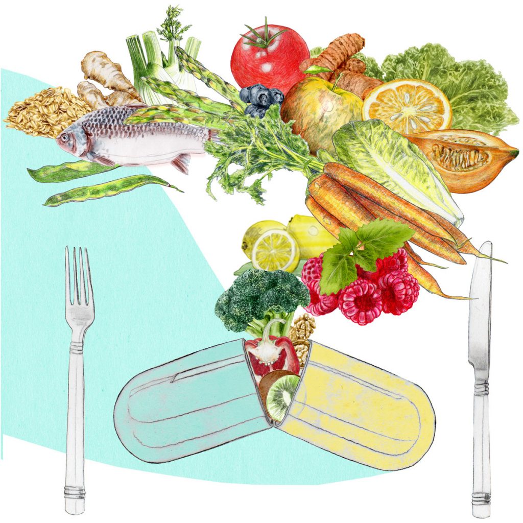 Birgit Lang, Illustration für Focus, Kolumne Yael Adler, Thema: "Nahrungsergänzungsmittel"