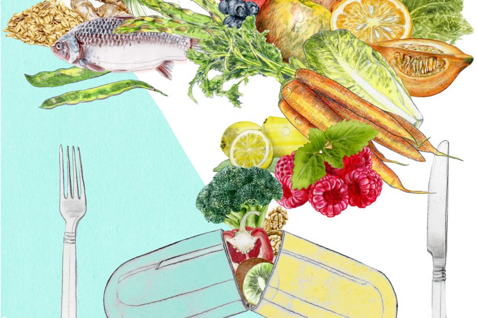 Birgit Lang, Illustration für Focus, Kolumne Yael Adler, Thema: "Nahrungsergänzungsmittel"