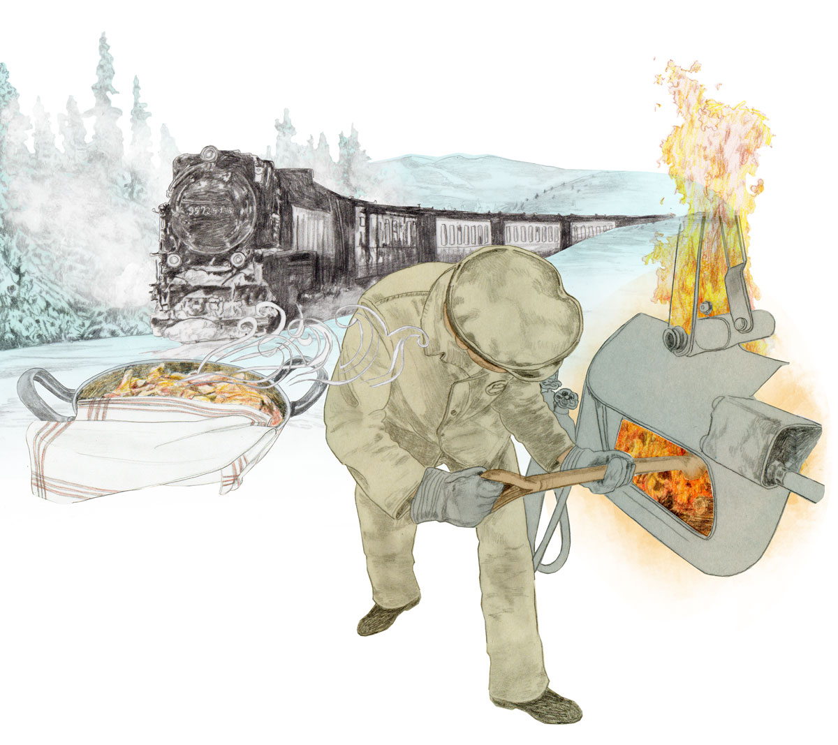 birgit lang illustration - die zeit „warme orte - dampflokfahrt auf dem harzer brocken"